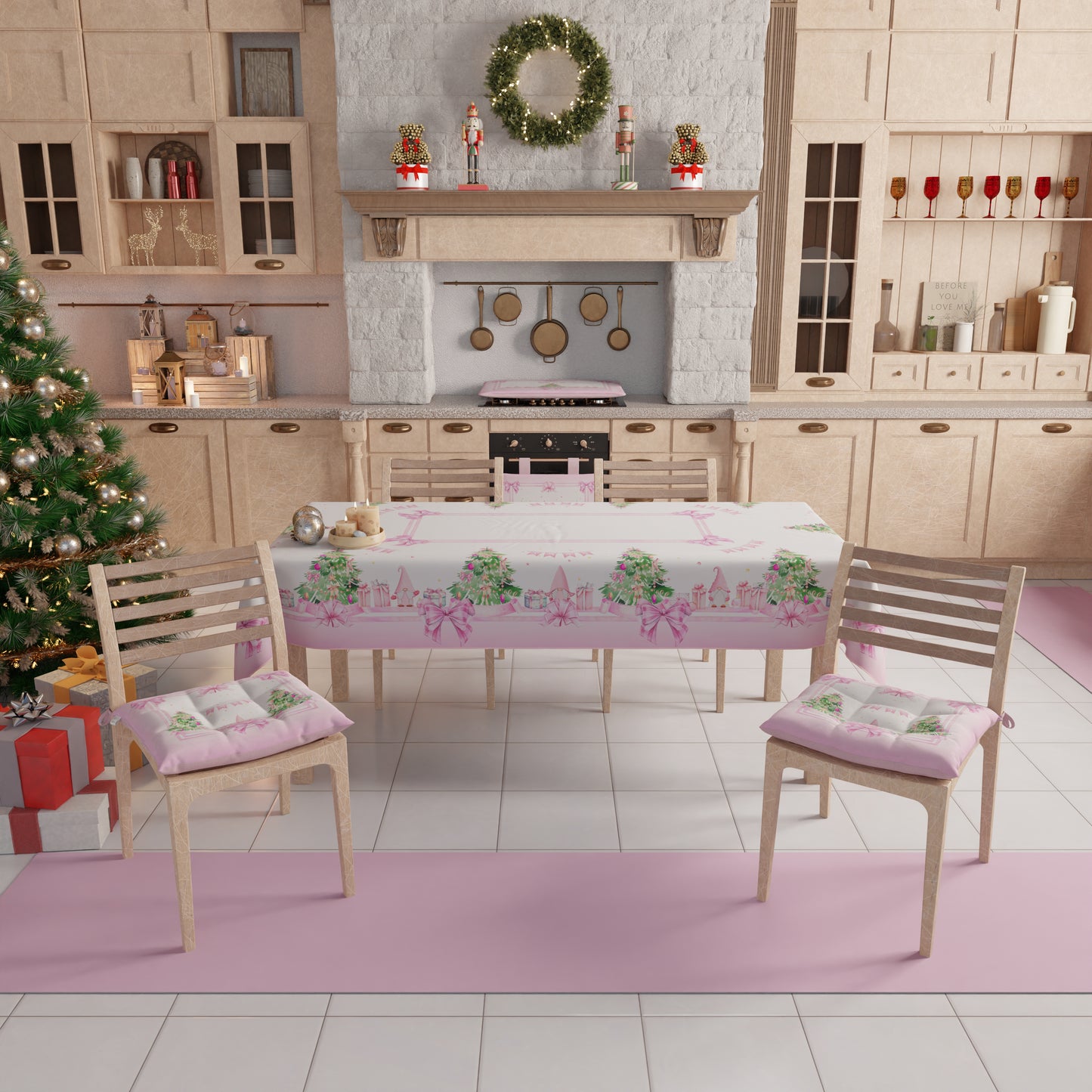 Tovaglia Natalizia, Tovaglia da tavola Antimacchia, Copritavolo da Cucina Gnomo Rosa