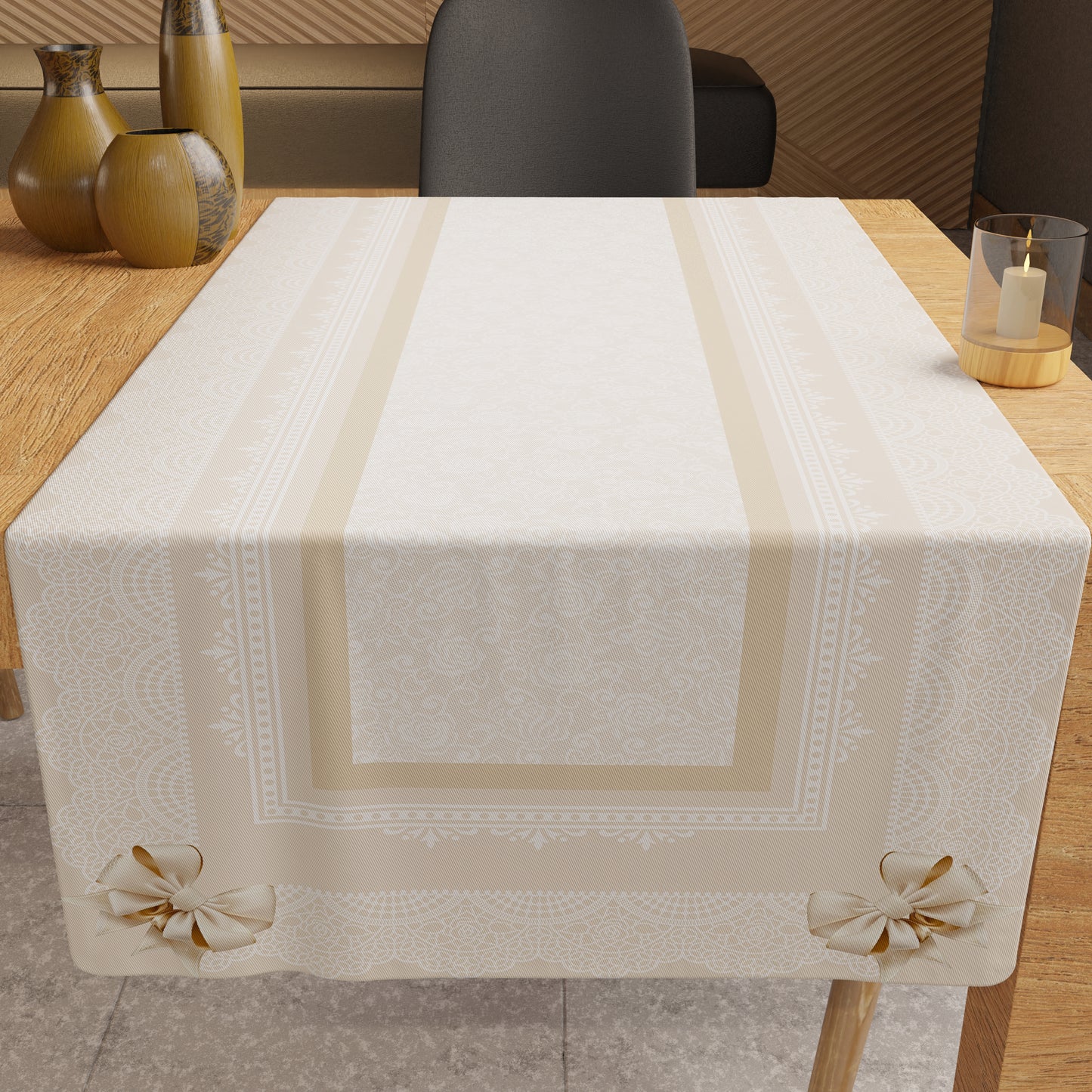 Promo Cucina Fiocco Beige Tovaglia in Stampa Digitale + Tovaglia Trasparente + Runner in Omaggio.