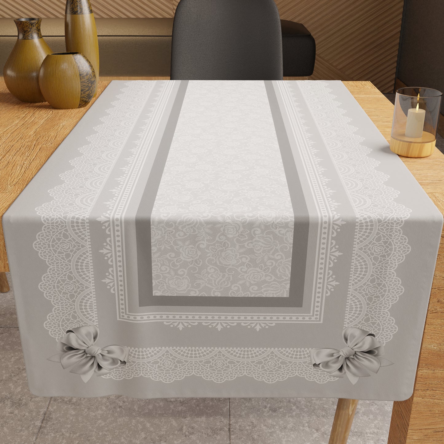 Promo Cucina Fiocco Grigio Tovaglia in Stampa Digitale + Tovaglia Trasparente + Runner in Omaggio.