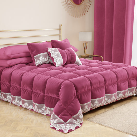 Cuscini Arredo in Velluto e Balza con Pizzo Rebrodè 2pz, Cuscini divano Fucsia By Sissy