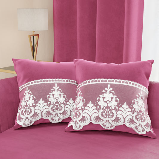 Cuscini Arredo in Velluto e Balza con Pizzo Rebrodè 2pz, Cuscini divano Fucsia By Sissy