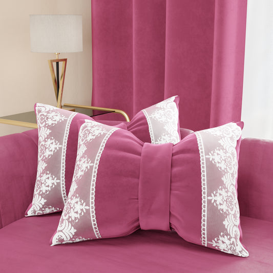 Coussin décoratif nœud en velours avec volant et dentelle rebrodée 40x50 cm, coussin de canapé fuchsia par Sissy