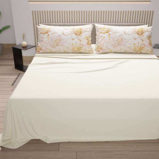 Draps en Coton, Parure de Lit avec Taies d'Oreiller en Impression Numérique Lys