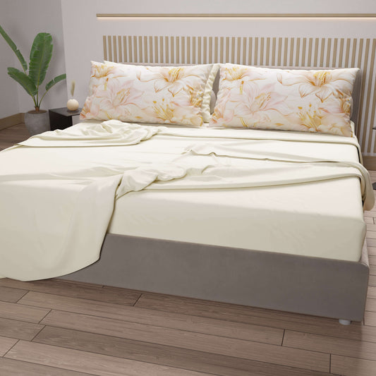 Draps en Coton, Parure de Lit avec Taies d'Oreiller en Impression Numérique Lys