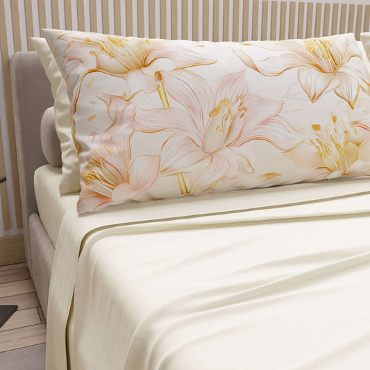 Draps en Coton, Parure de Lit avec Taies d'Oreiller en Impression Numérique Lys