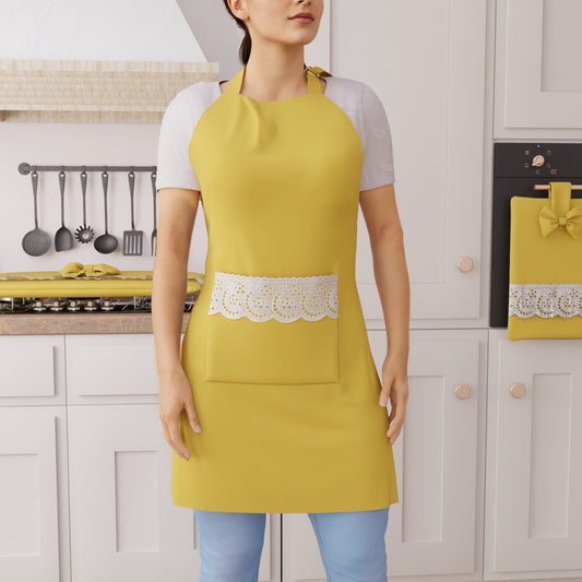 Tablier de Cuisine en Coton avec Dentelle Sangallo Jaune