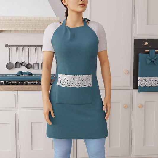 Tablier de Cuisine en Coton avec Dentelle Sangallo Bleu Avion