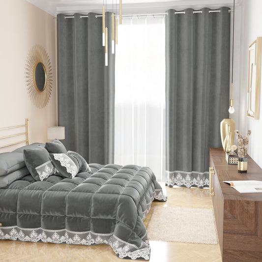 Rideau panneau en velours pour intérieur avec anneaux et dentelle rebrodée, 140x280 cm, gris foncé par Sissy