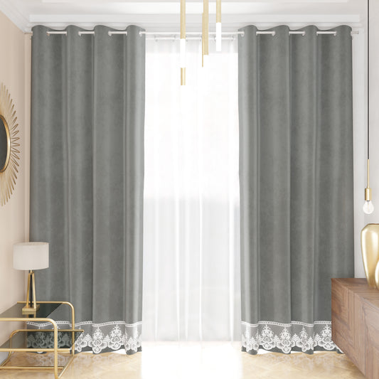 Rideau panneau en velours pour intérieur avec anneaux et dentelle rebrodée, 140x280 cm, gris foncé par Sissy
