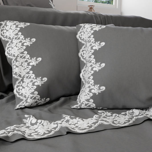 Draps percale avec dentelle, draps double en coton couleur gris fumée