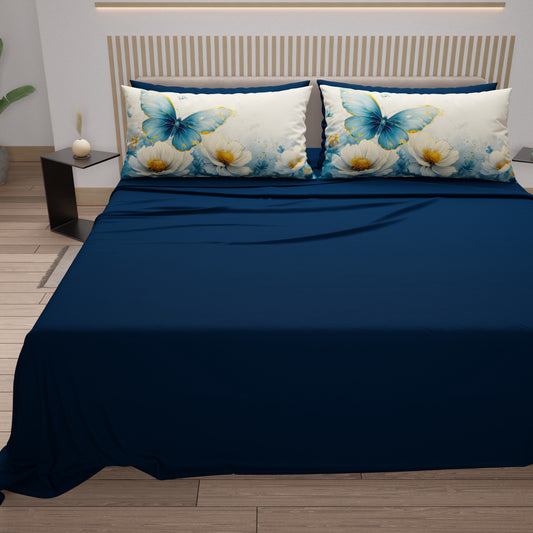 Draps en Coton, Parure de Lit avec Taies d'Oreiller en Impression Numérique Mariposa 04 Céleste