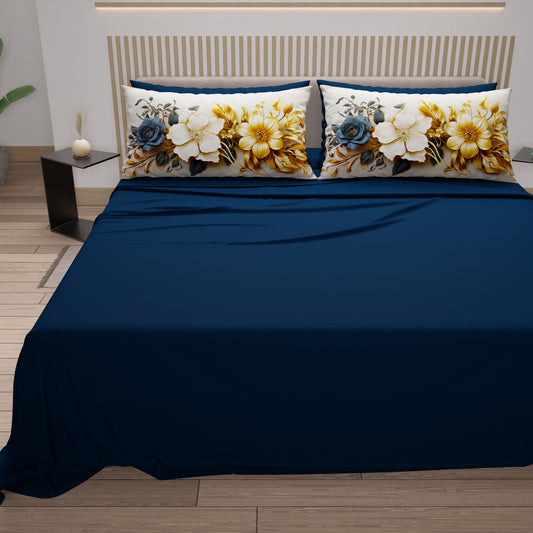 Draps en Coton, Parure de Lit avec Taies d'Oreiller en Impression Numérique Flower Ceramic 04 Bleu