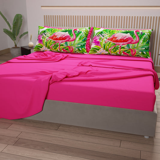 Lenzuola in Cotone, Completo Letto con Federe in Stampa Digitale Flamingo