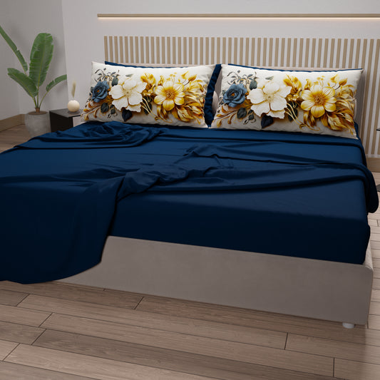 Draps en Coton, Parure de Lit avec Taies d'Oreiller en Impression Numérique Flower Ceramic 04 Bleu