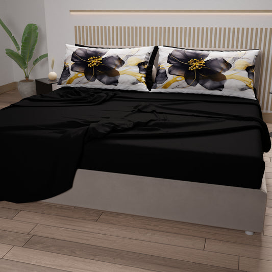 Draps en Coton, Parure de Lit avec Taies d'Oreiller en Impression Numérique Marble Flower 07 Noir