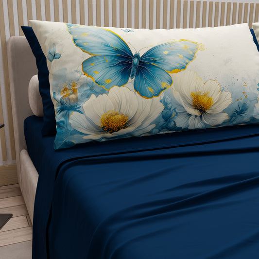 Draps en Coton, Parure de Lit avec Taies d'Oreiller en Impression Numérique Mariposa 04 Céleste