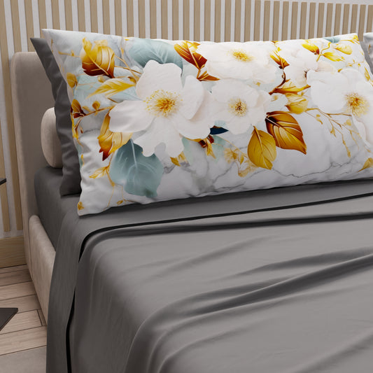 Draps en Coton, Parure de Lit avec Taies d'Oreiller en Impression Numérique Flower Ceramic 01 Gris Foncé