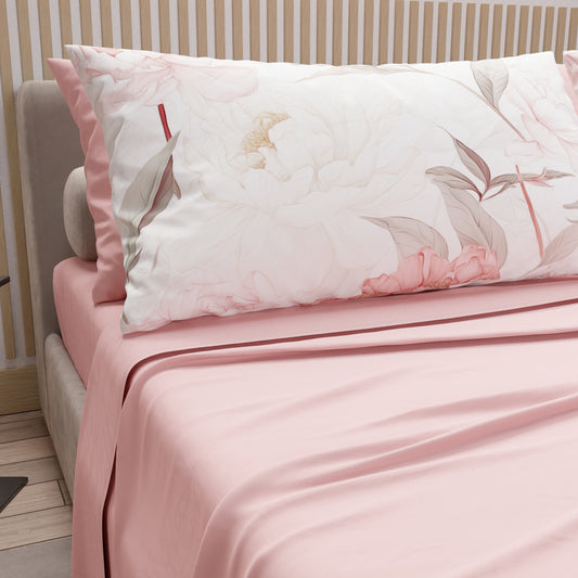Lenzuola in Cotone, Completo Letto con Federe in Stampa Digitale Peonia