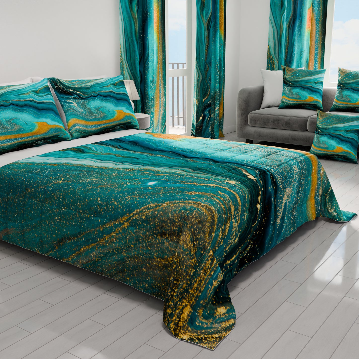 Couvre-lit printemps-automne en marbre vert, impression numérique