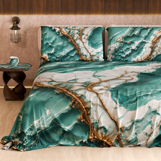 Drap de lit et taies élégants effet marbre aquamarine - AQUATIQUE