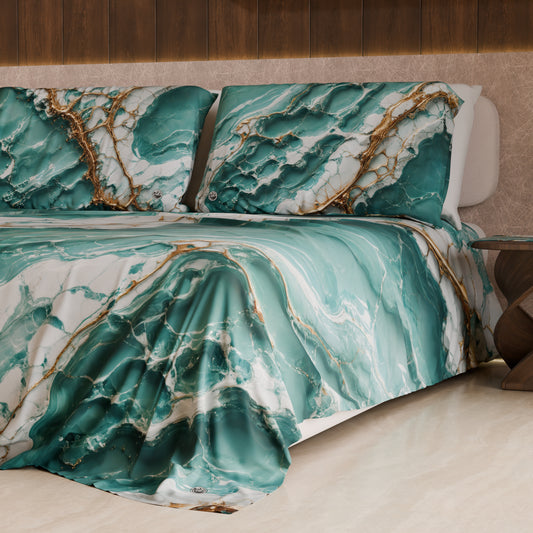 Drap de lit et taies élégants effet marbre aquamarine - AQUATIQUE