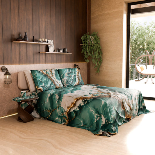 Drap de lit et taies élégants effet marbre aquamarine - AQUATIQUE