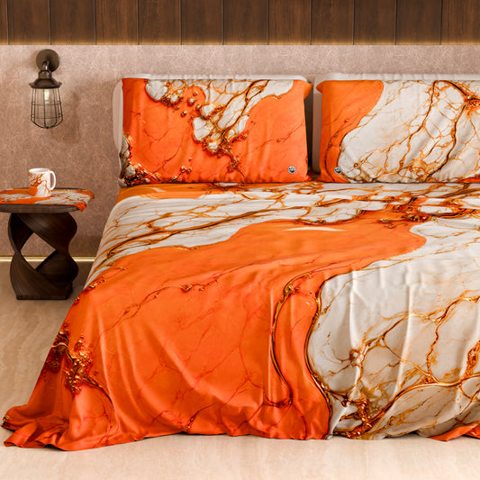 Drap housse, dessus de lit et taies d'oreiller élégants effet marbre orange - AURANGE