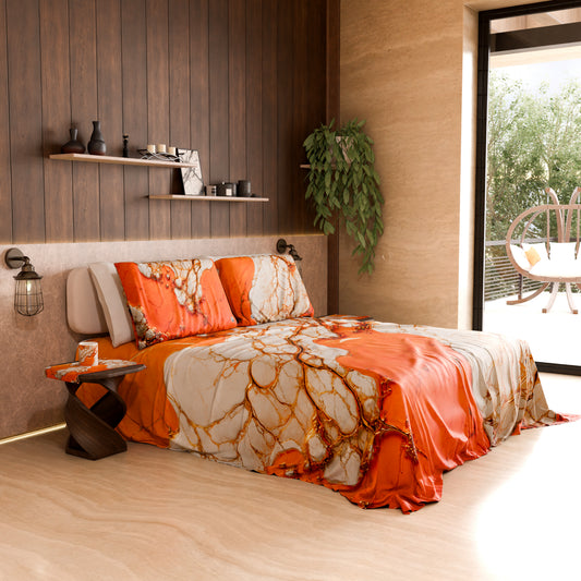 Drap housse, dessus de lit et taies d'oreiller élégants effet marbre orange - AURANGE