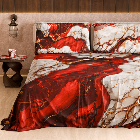 Drap housse, dessus de lit et taies d'oreiller élégants effet marbre rouge - BLOODY