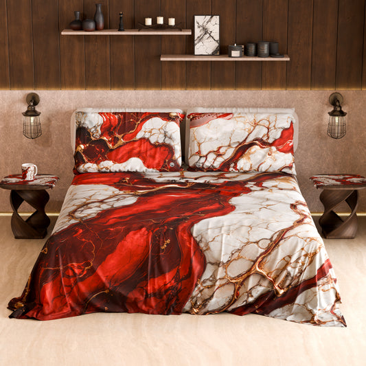Drap housse, dessus de lit et taies d'oreiller élégants effet marbre rouge - BLOODY