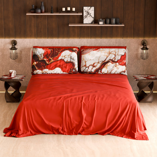 Drap housse, dessus de lit et taies d'oreiller élégants effet marbre rouge - BLOODY