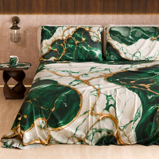 Drap housse, dessus de lit et taies d'oreiller élégants effet marbre émeraude - ESMERAUR