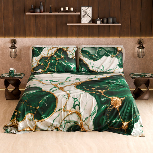 Drap housse, dessus de lit et taies d'oreiller élégants effet marbre émeraude - ESMERAUR