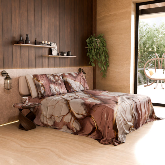 Drap housse, dessus de lit et taies d'oreiller élégants effet marbre mauve - MAUVELUXE