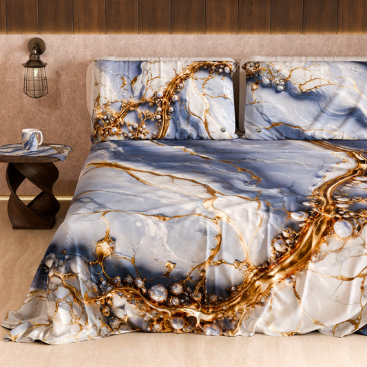 Drap housse, dessus de lit et taies d'oreiller élégants effet marbre indigo - PERIWINKY