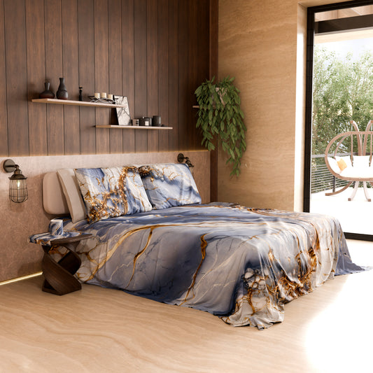 Drap housse, dessus de lit et taies d'oreiller élégants effet marbre indigo - PERIWINKY