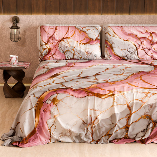 Drap housse, dessus de lit et taies d'oreiller élégants effet marbre rose - PINKERELLE