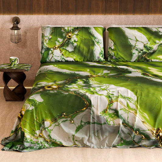 Drap housse, dessus de lit et taies d'oreiller élégants effet marbre vert - PISTACHIUS