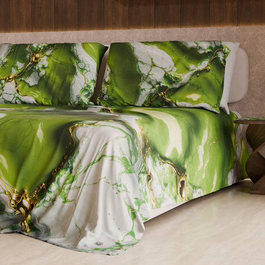 Drap housse, dessus de lit et taies d'oreiller élégants effet marbre vert - PISTACHIUS