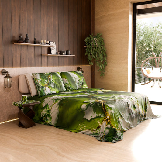 Drap housse, dessus de lit et taies d'oreiller élégants effet marbre vert - PISTACHIUS