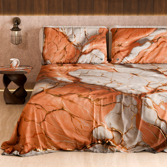 Drap housse, dessus de lit et taies d'oreiller élégants effet marbre saumon - ROSESALM