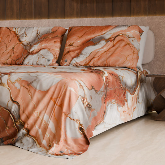 Drap housse, dessus de lit et taies d'oreiller élégants effet marbre saumon - ROSESALM