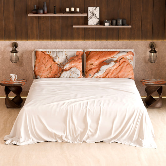 Drap housse, dessus de lit et taies d'oreiller élégants effet marbre saumon - ROSESALM