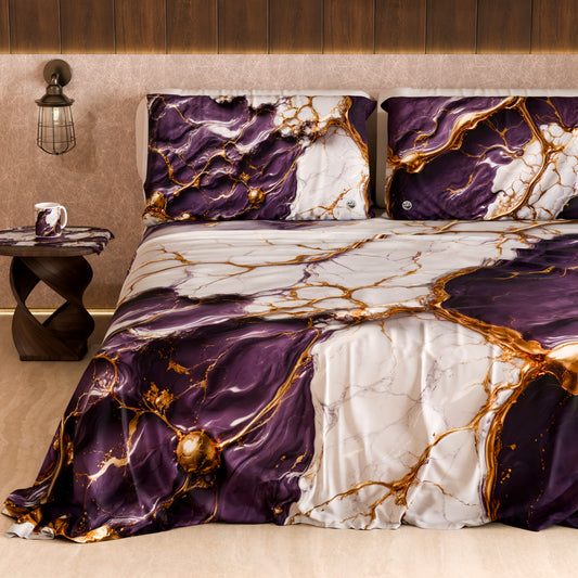Drap housse, dessus de lit et taies d'oreiller élégants effet marbre violet - VIOLETRIC