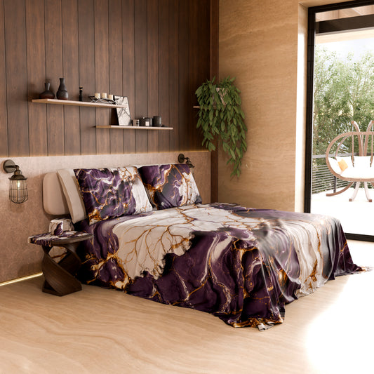 Drap housse, dessus de lit et taies d'oreiller élégants effet marbre violet - VIOLETRIC