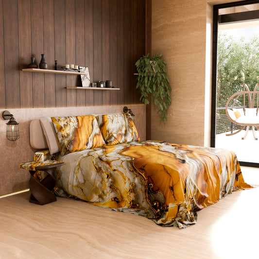 Drap housse, dessus de lit et taies d'oreiller élégants effet marbre jaune - YELLOOOWW