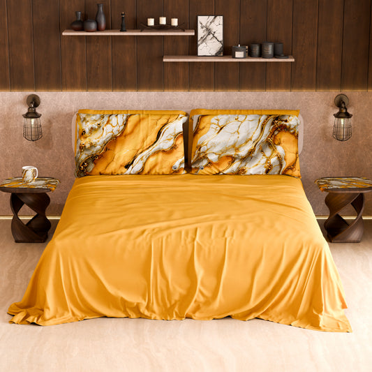 Drap housse, dessus de lit et taies d'oreiller élégants effet marbre jaune - YELLOOOWW