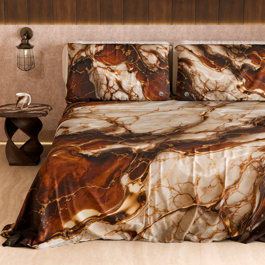 Drap housse, dessus de lit et taies d'oreiller élégants effet marbre marron - MOCHACCINO