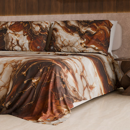 Drap housse, dessus de lit et taies d'oreiller élégants effet marbre marron - MOCHACCINO