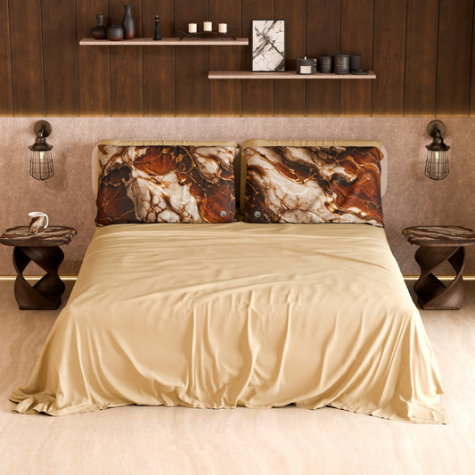 Drap housse, dessus de lit et taies d'oreiller élégants effet marbre marron - MOCHACCINO